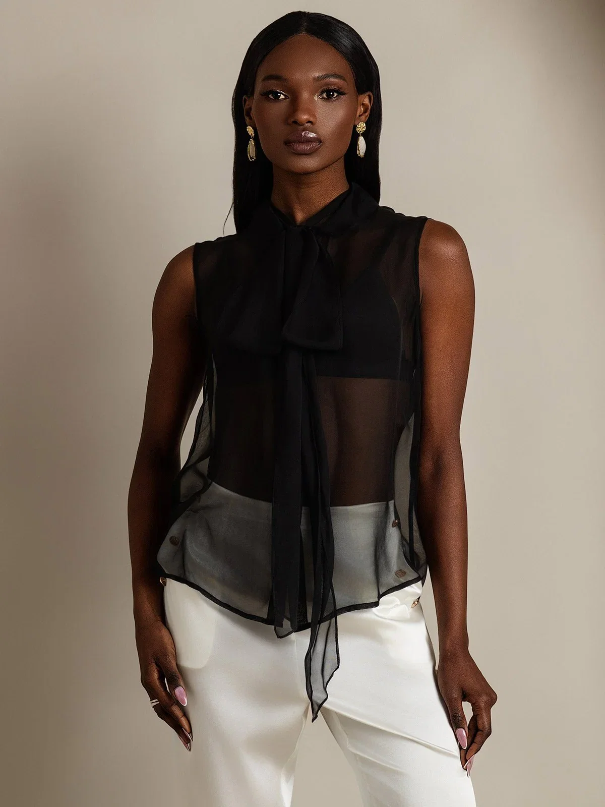 Clearance - Pure Silk Chiffon Women's Sleeveless Tie Neck Sheer Blouse