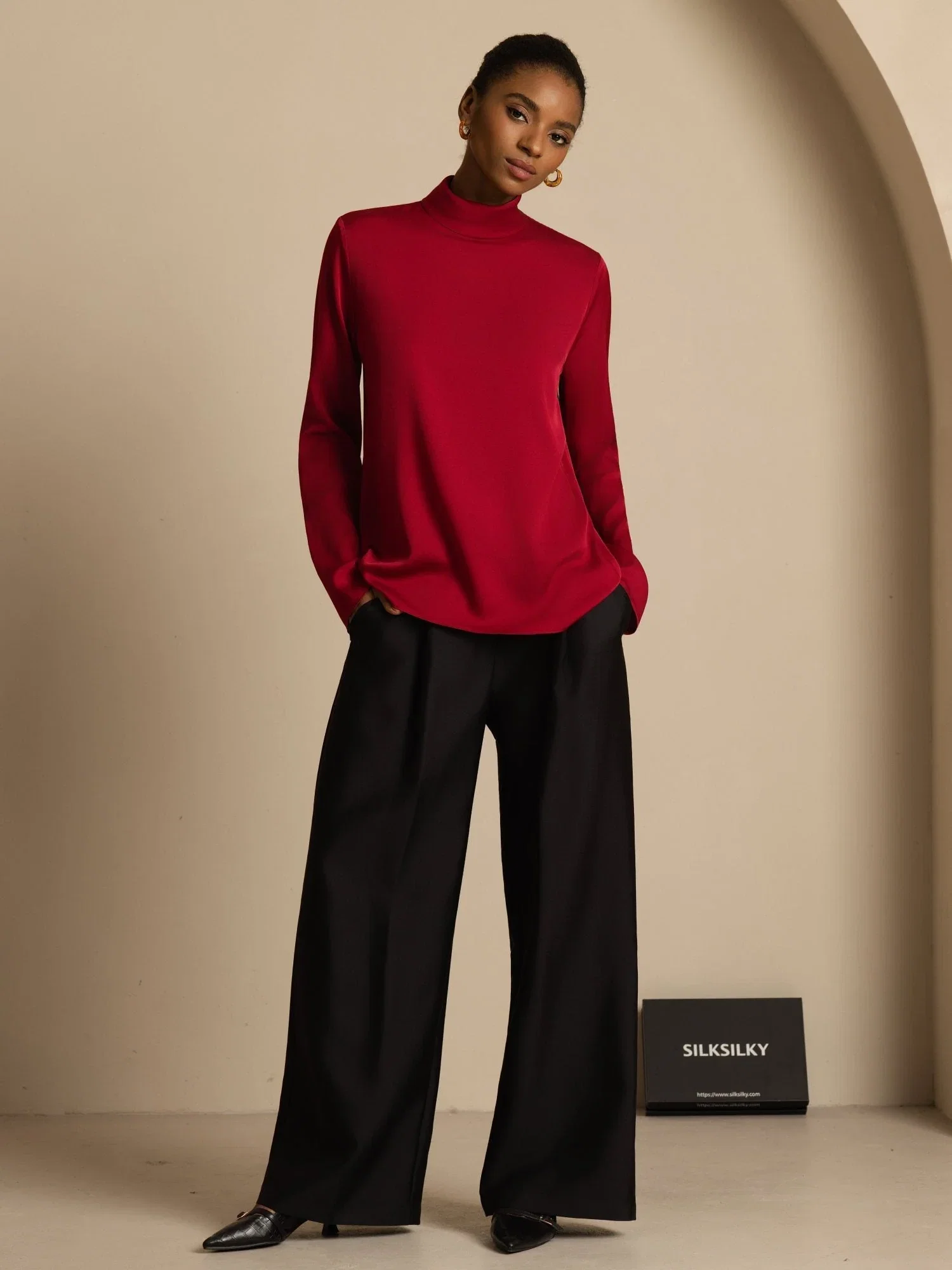 Clearance - 19Momme Silk Women's Turtle Neck Long Sleeve Top