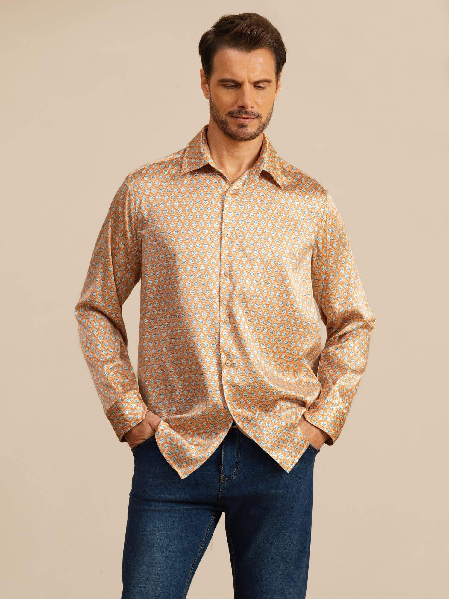 Clearance - 19Momme Silk Men's Long Sleeve Lapel Collar Floral Print Shirt