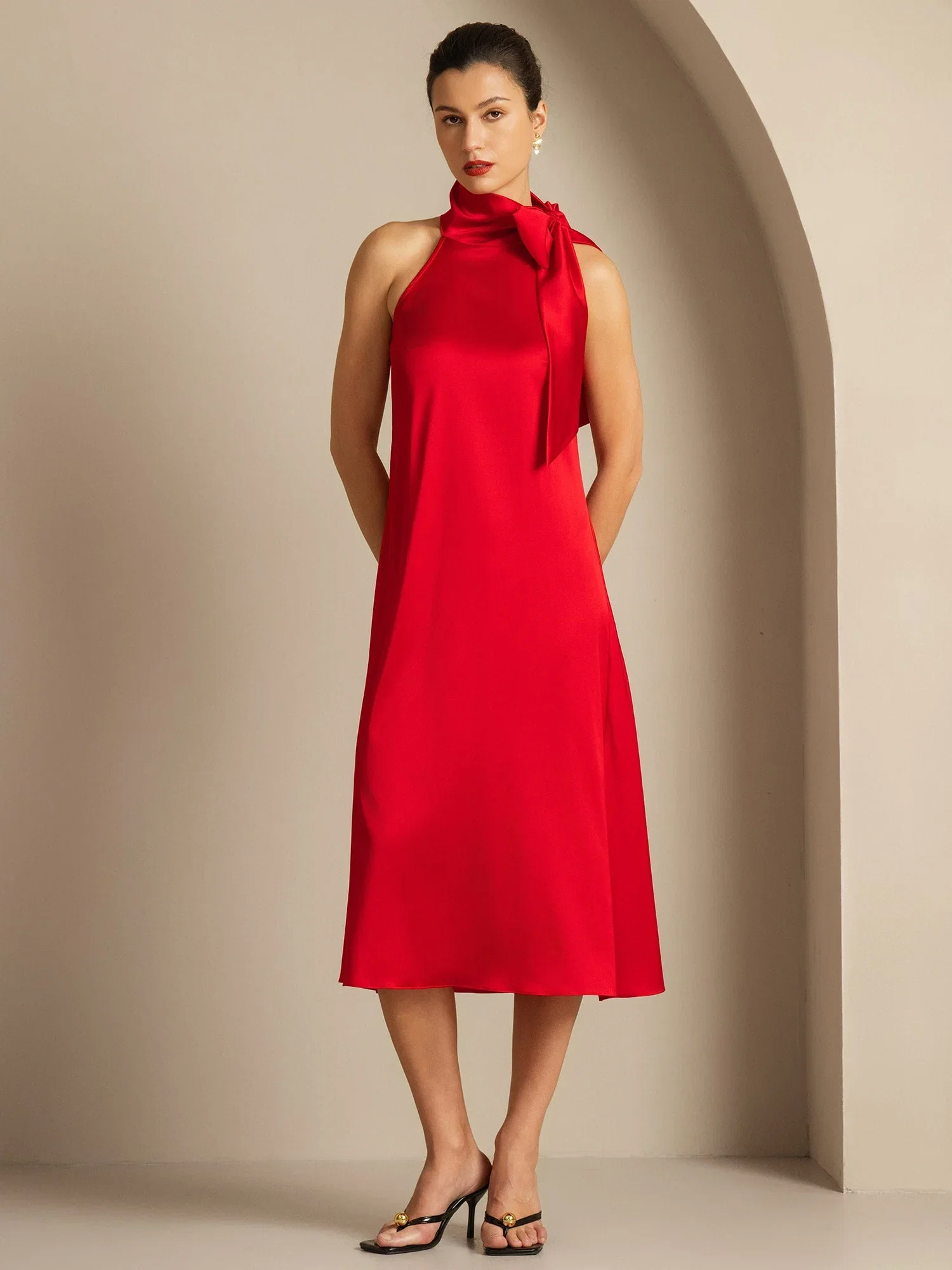 Clearance - 19Momme Silk Sleeveless Tie Neck Midi Dress