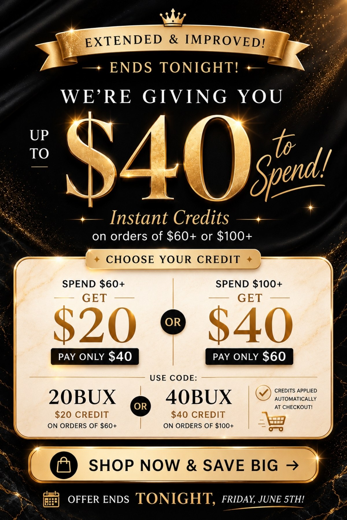 We're giving you $20 to spend in instant credit on $60+ orders (Pay only $40). Use code 20BUX (auto-applied for your)! Shop Now! Valid through Jun 3rd.