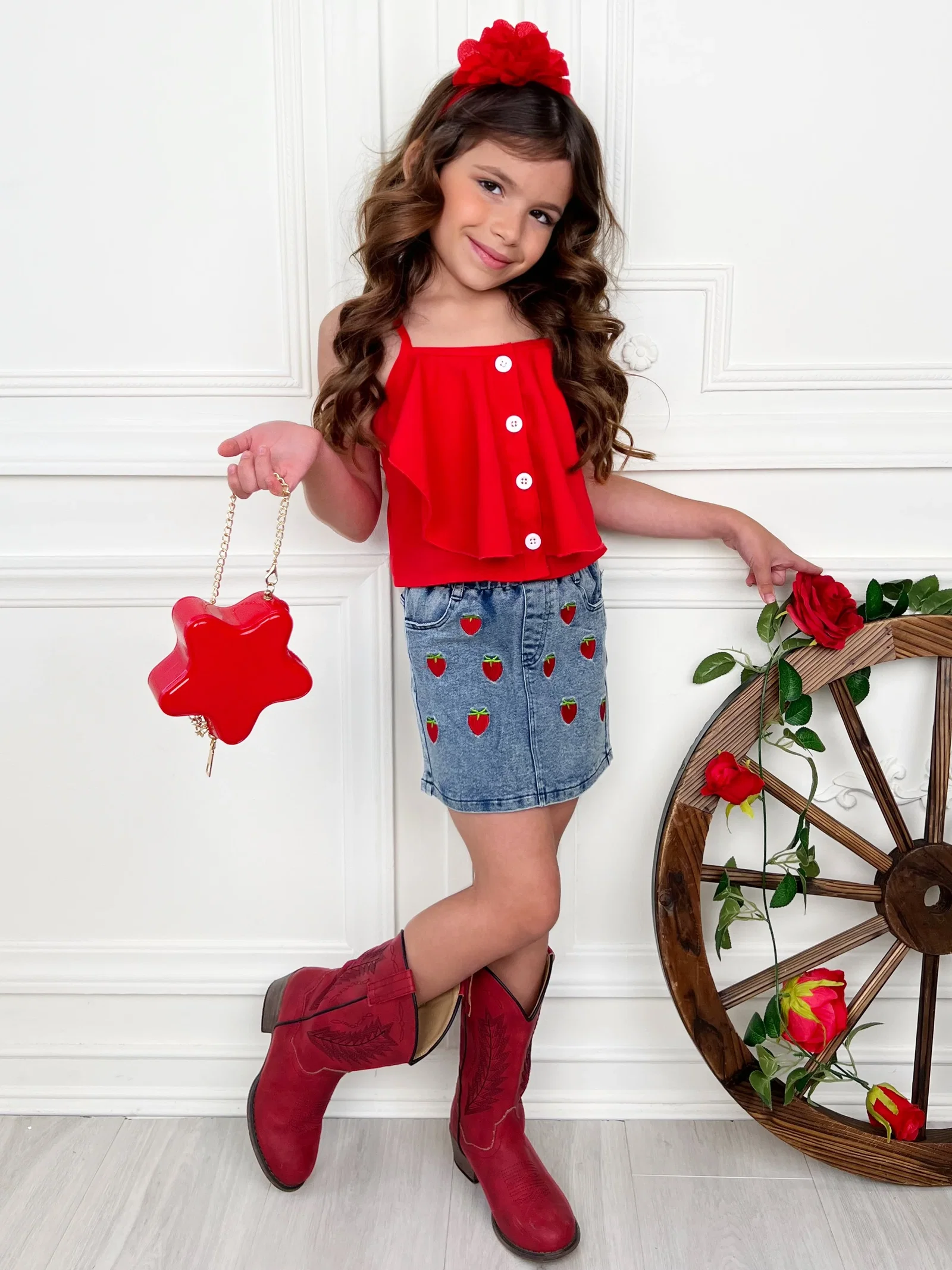 Image of Sweet Strawberry Top and Denim Skirt Set