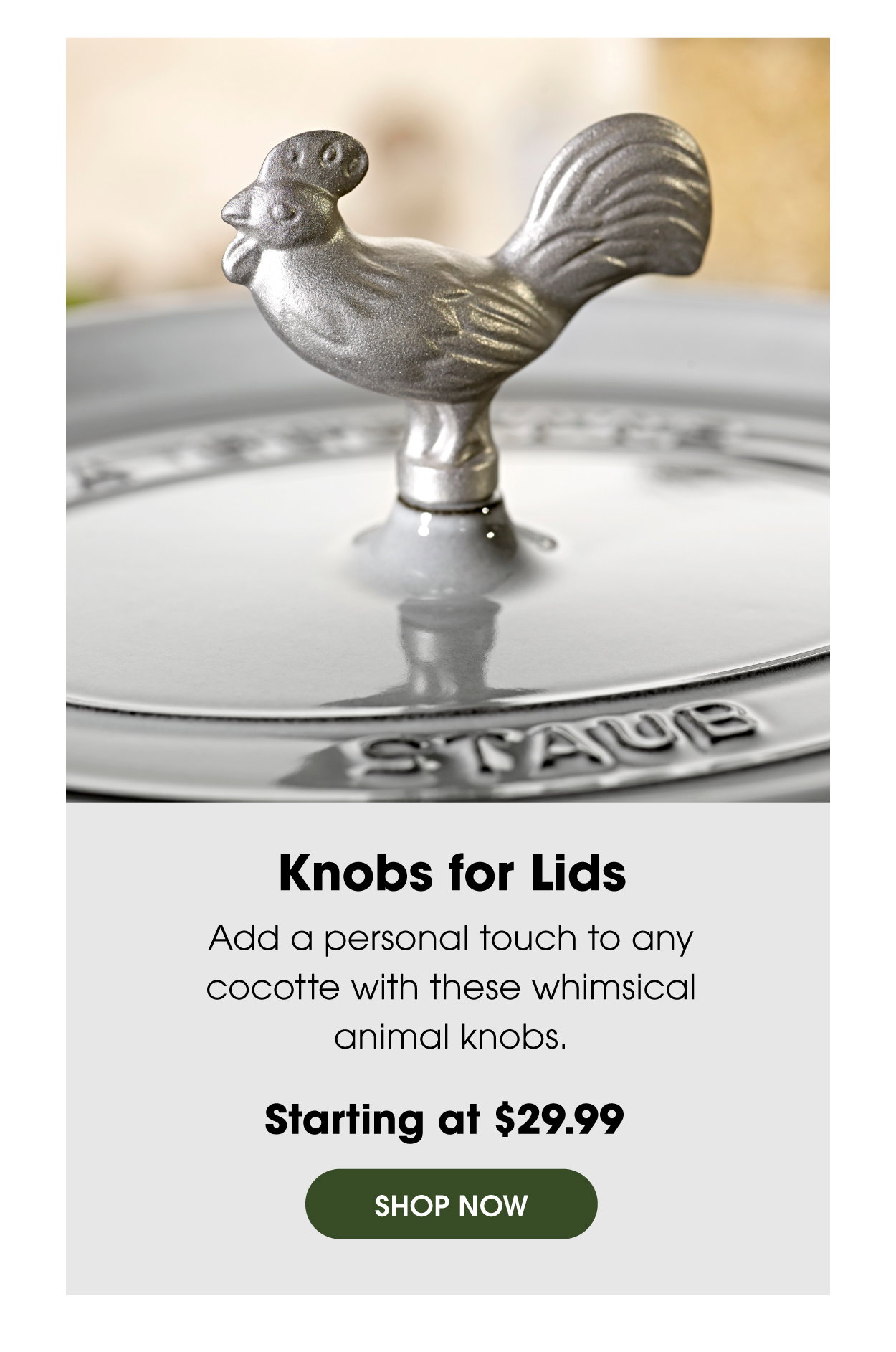 Knobs for Lids: Add a personal touch to any cocotte with these whimsical animal knobs.