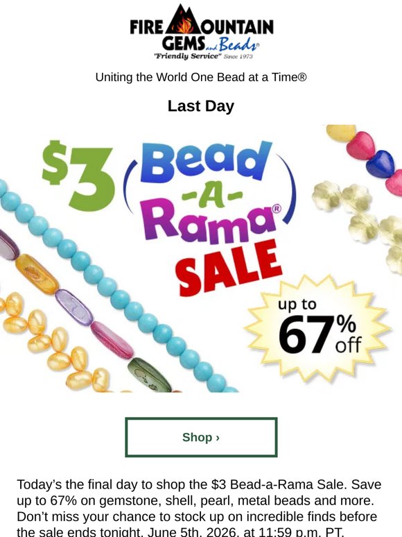 Final Day for up to 67% Off in the $3 Bead-a-Rama Sale!