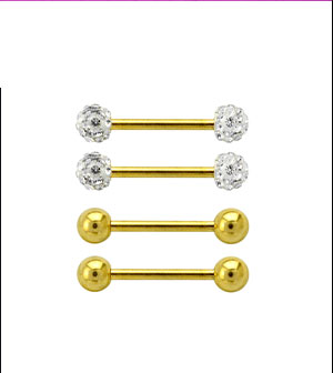 Multi-Pack Pave CZ Gold-Tone Titanium Nipple Barbells 2 Pair - 14 Gauge