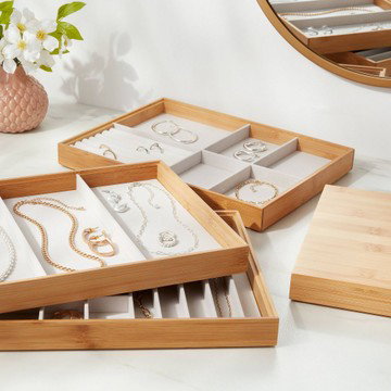Stackable Bamboo Vanity Accessory Organizer Tray Set w/ Lid