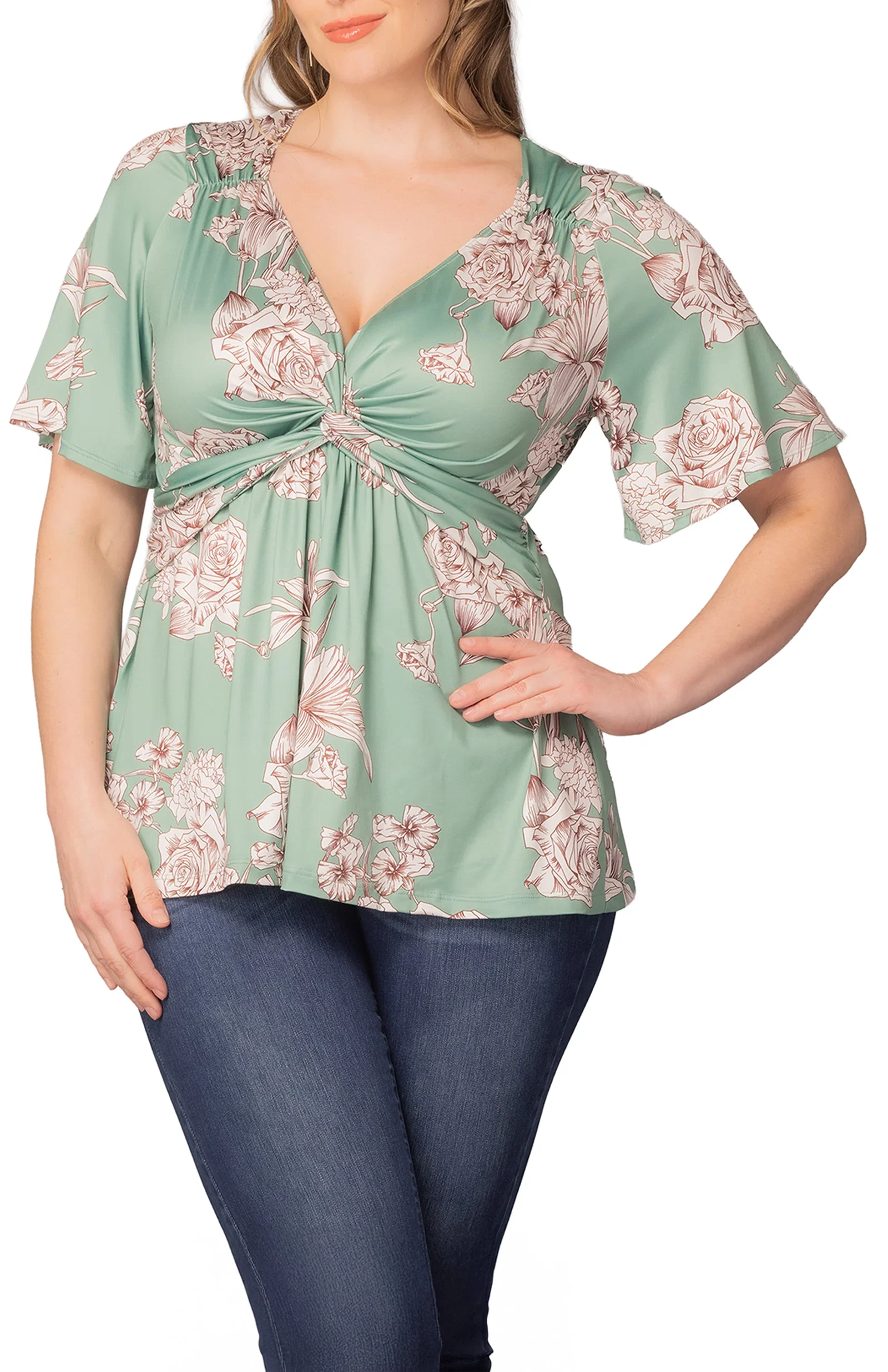 Image of Abby Twist Front Top  - Sage Garden Print -  Plus