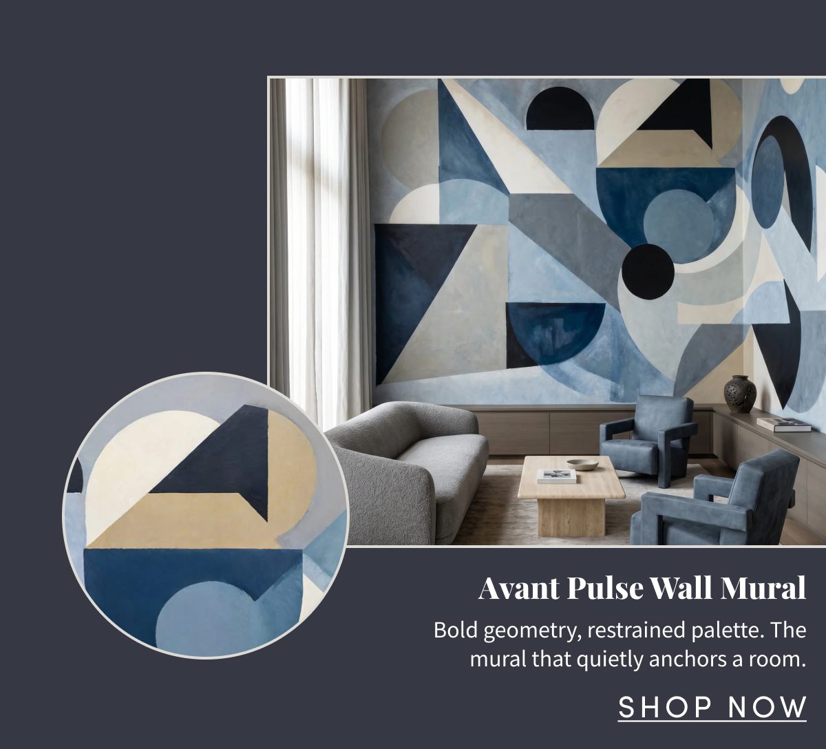 Avant Pulse Wall Mural. Bold geometry, restrained palette. The mural that quietly anchors a room. Shop Now.