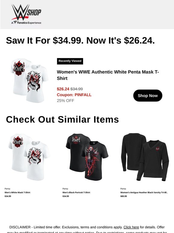 Savings Alert: Women's WWE Authentic  White Penta Mask T-Shi...
