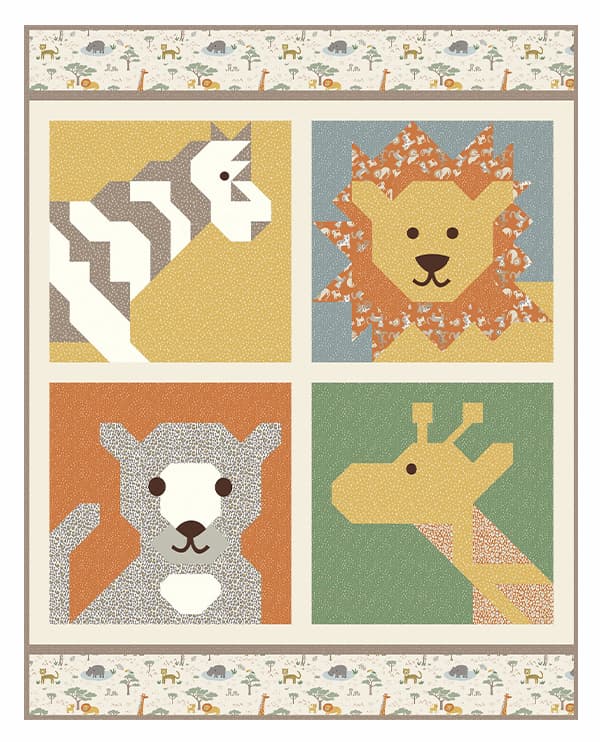 A tan quilt with four large safari themed blocks. >>