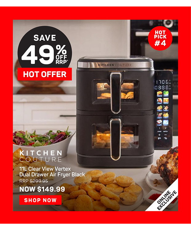 Kitchen Couture 11L Clear View Vertex Dual Drawer Air Fryer Black