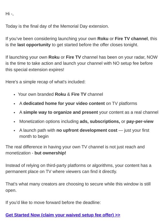 Ends Tonight: Launch Your Roku & Fire TV Channel With Lower Startup Cost!