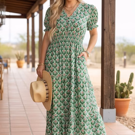 Trendy floral smocked boutique midi women's dress Southern Stitch GJQ17184