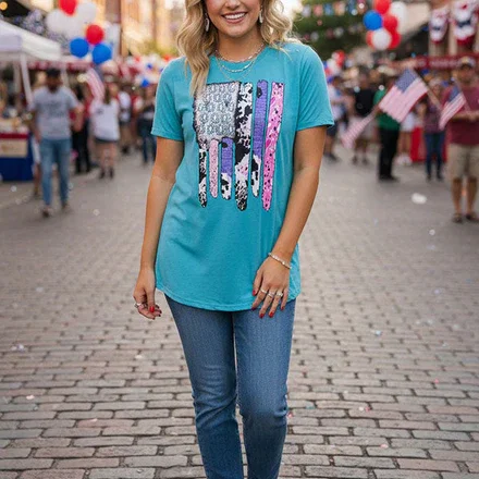 4th of July Turquoise w/multi cow & jewel printed short sleeves DLH10860 (GS11)