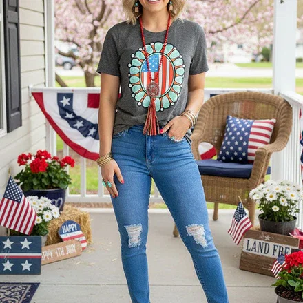4th of July Grey t-shirt w/USA Jewel print DLH11008