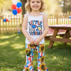 4th July LITTLE MISS AMERICA top & sunflower bell bottoms girl set XCH0777-24H A9S6