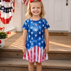 4th July half blue star & red striped short sleeve girls dress XCH0020-4H A9S4