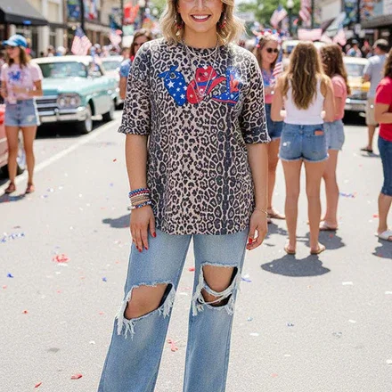4th July bandanna, cowboy hat & boot print leopard women t -shirt DLH10800-2 IS2
