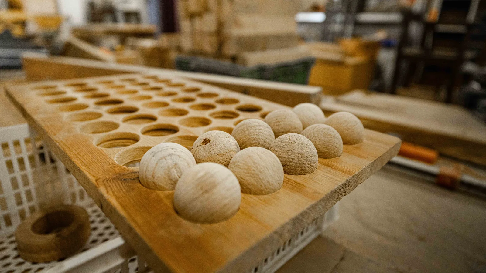 wooden balls in a tray at a local Bluestone supplier