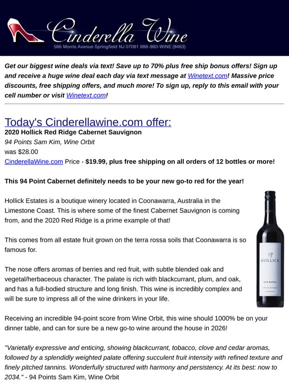 2020 Hollick Red Ridge Cabernet Sauvignon (94 WO) Free Ship on 12