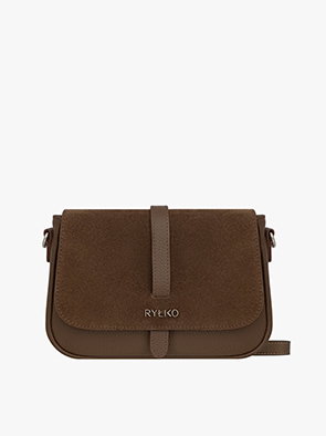 Brown leather handbag with flap closure and RYŁKO logo on front