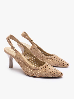 Elegant beige suede slingback heels with perforated design on a white background.