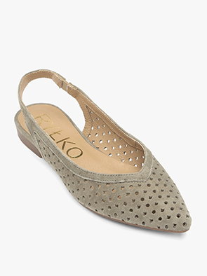 Beige suede slingback flat shoe with perforated design and pointed toe