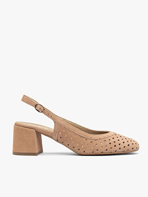 Beige slingback block heel shoe with perforated design on white background
