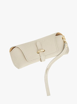 Elegant beige leather clutch with strap and gold clasp on white background