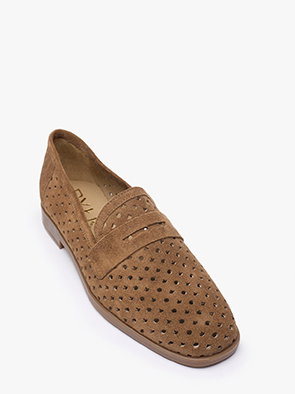 Brown suede perforated loafer shoe on white background