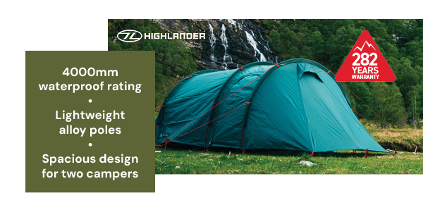 Highlander Respite 2 Tent. 4000mm waterproof rating, lightweight alloy poles, spacious design for two campers. Backed by Highlander's 282 year warranty.