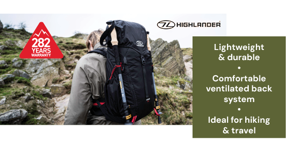 Highlander Ivar Rucksack. Available in Women's 25L and Men's 30L. Lightweight and durable, comfortable ventilated back system, ideal for hiking and travel. Backed by Highlander 282 Year Warranty. 