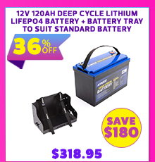 12V 120Ah Deep Cycle Lithium LiFePO4 Battery + Battery Tray To Suit Standard Battery