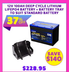 12V 100Ah Deep Cycle Lithium LiFePO4 Battery + Battery Tray To Suit Standard Battery