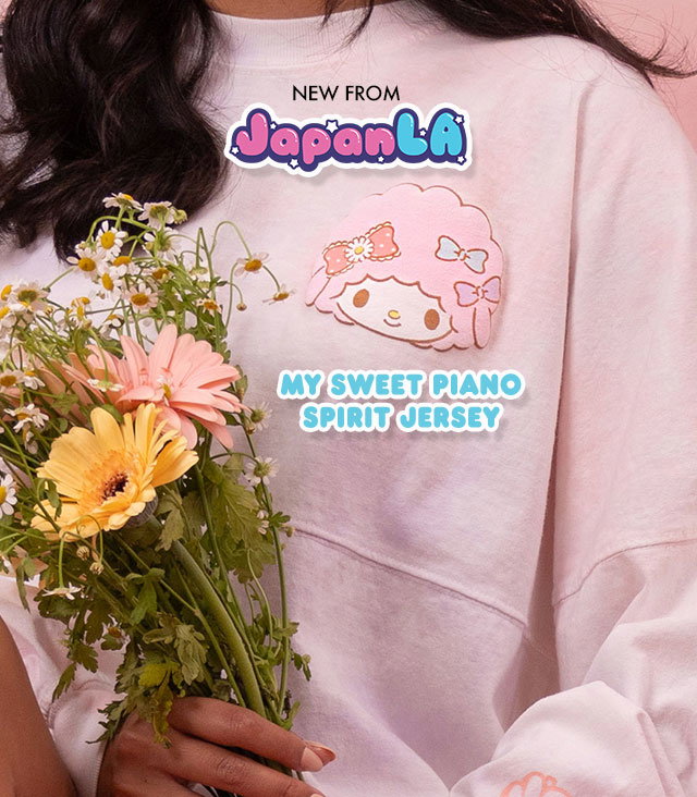 NEW FROM JAPANLA | My Sweet Piano Spirit Jersey | My Sweet Piano Spirit Jersey on model against a pink background with floral accents.