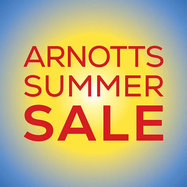 Text reading 'ARNOTTS SUMMER SALE' in red on a yellow and blue gradient background.