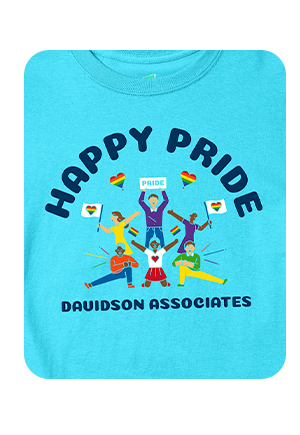 Custom t-shirt design featuring a colorful illustration of people celebrating with pride flags and hearts under the words "Happy Pride" and a company name.