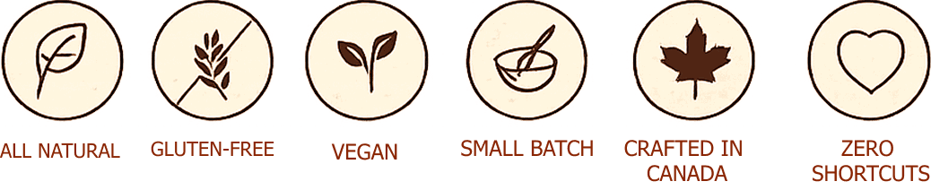 Icons highlighting product features: all natural, gluten-free, vegan, small batch, crafted in Canada, and zero shortcuts.