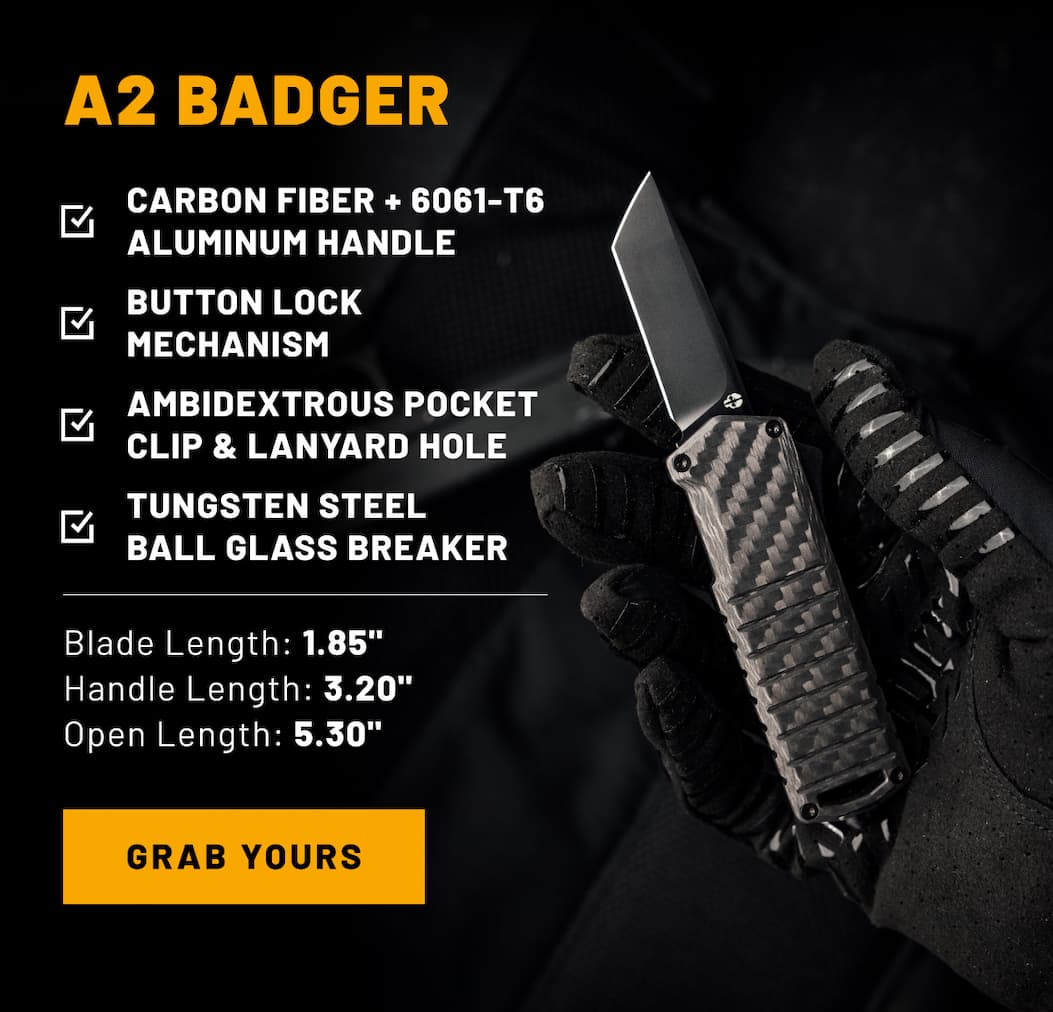 A2 Badger carbon fiber mini OTF knife with button lock and tanto blade