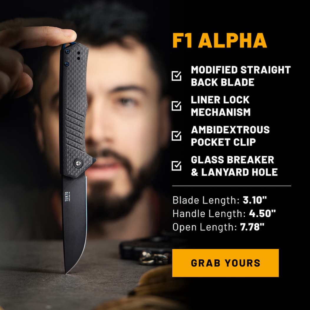F1 Alpha carbon fiber folding knife with modified straight back blade