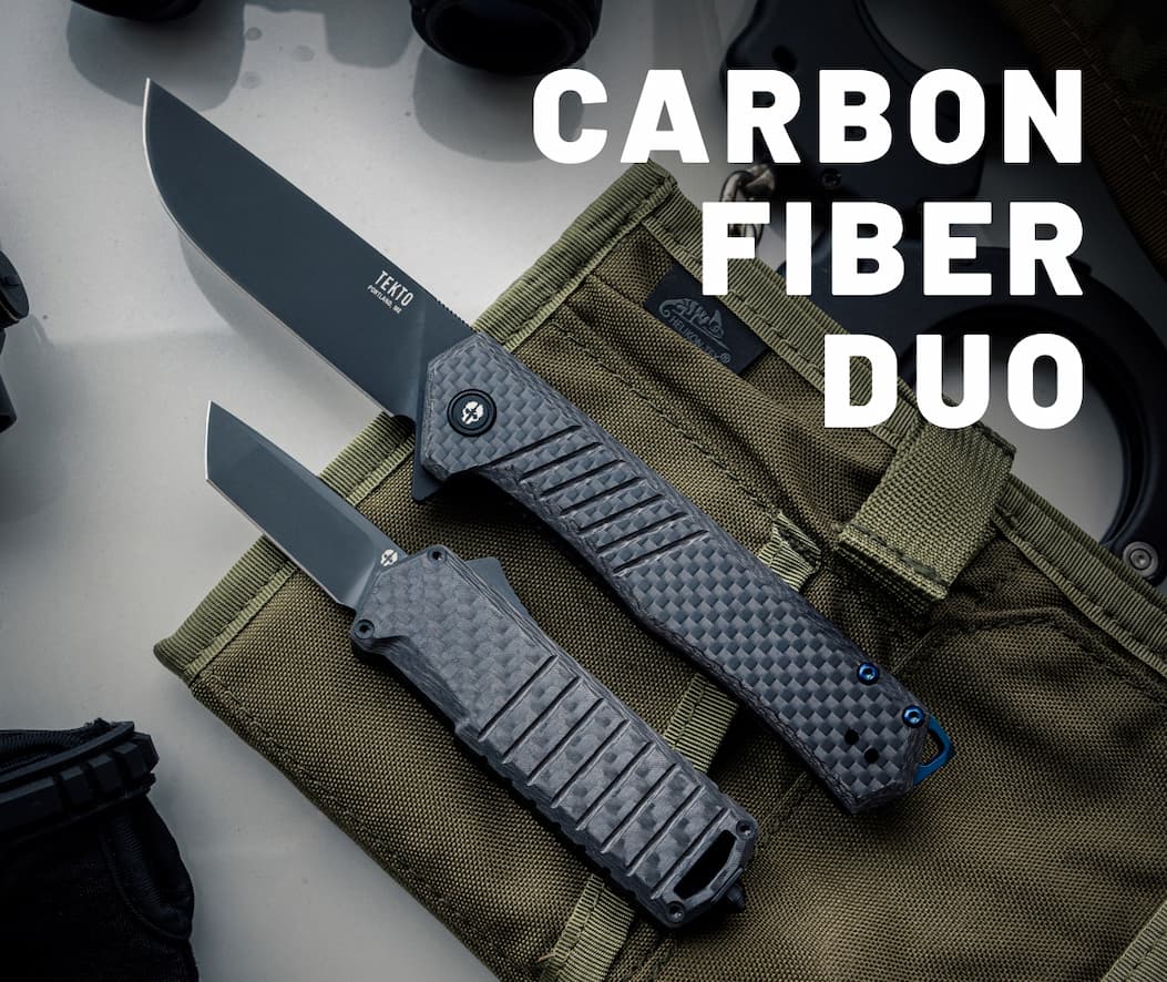 F1 Alpha and A2 Badger carbon fiber knife duo with black titanium-coated blades