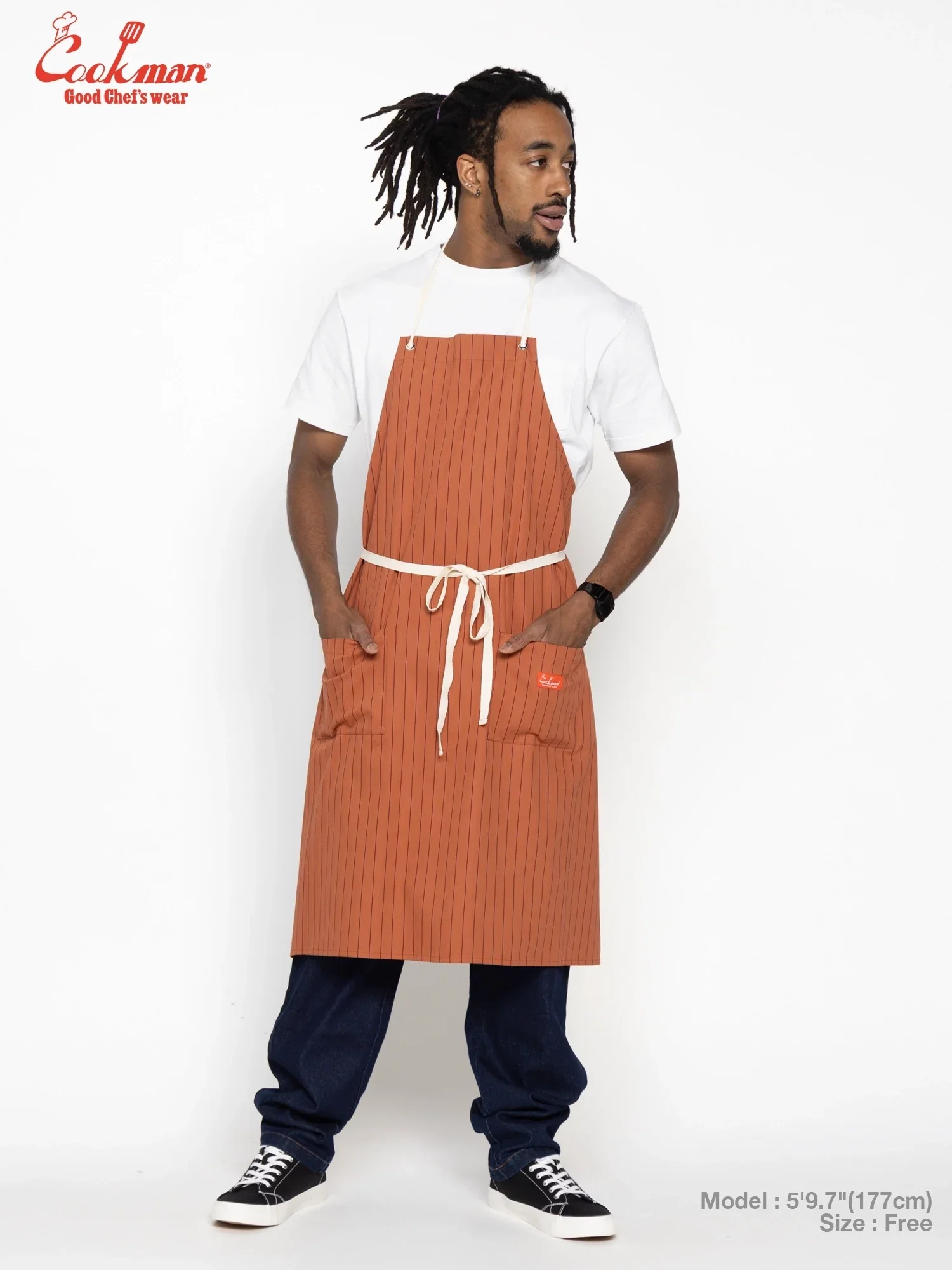 Image of Long Apron - Herringbone Stripe : Brick