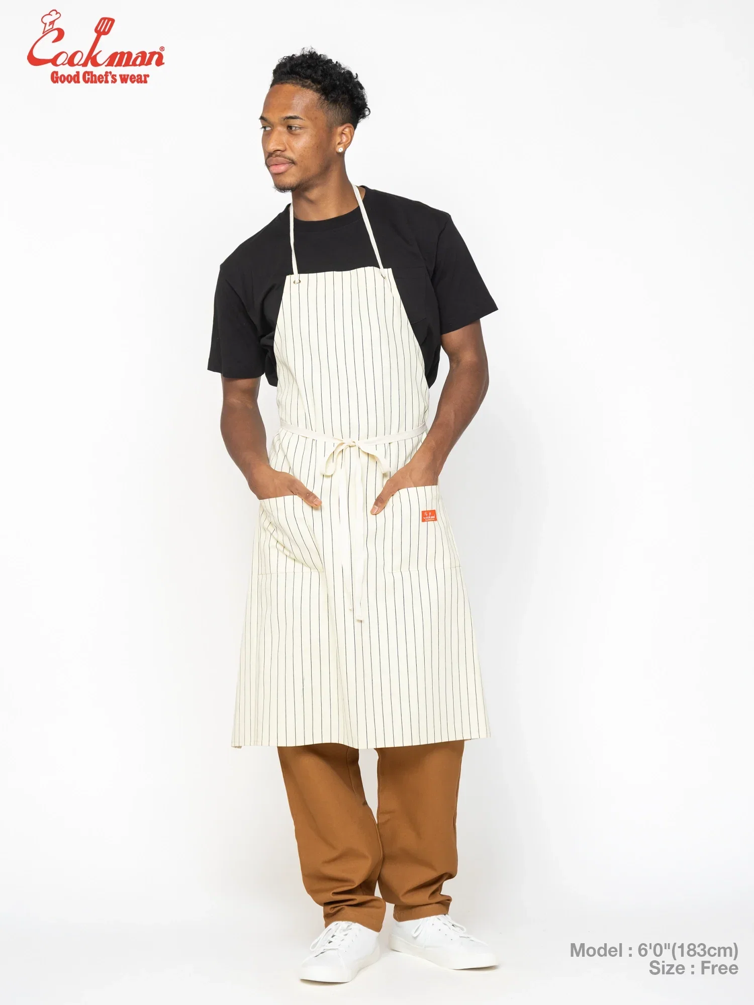 Image of Long Apron - Herringbone Stripe : Cream