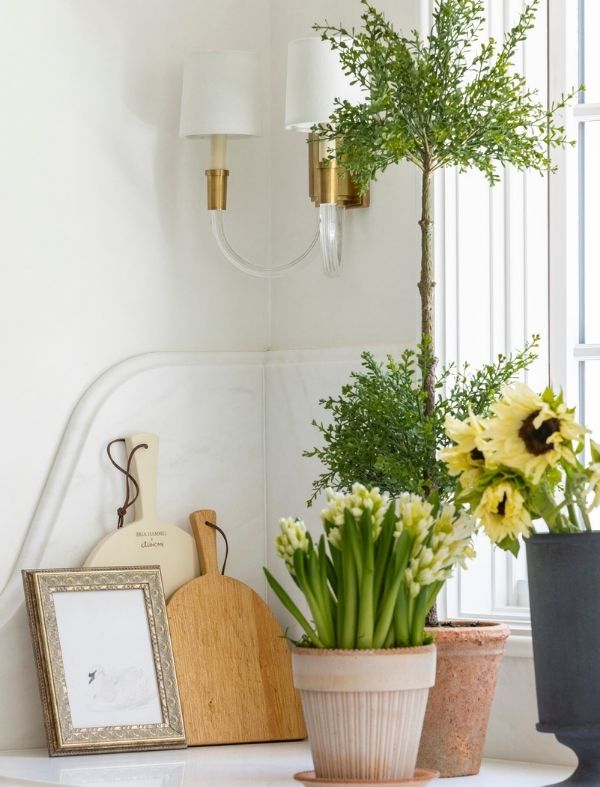 Kitchen corner with terracotta vase of flowers and double topiary.
