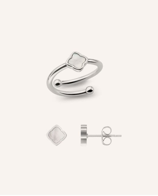 Mini Pearl Clover Ring & Earrings Set (Silver)
