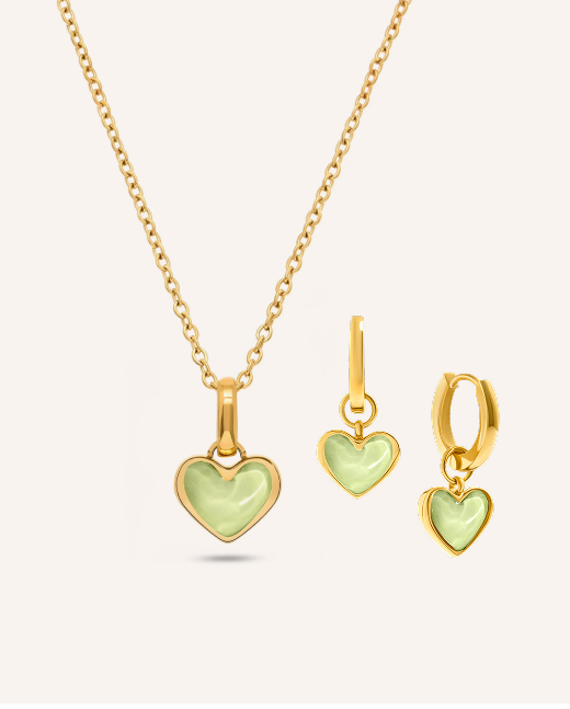 Mint Green Quartz Heart Necklace & Earrings Set (Gold)