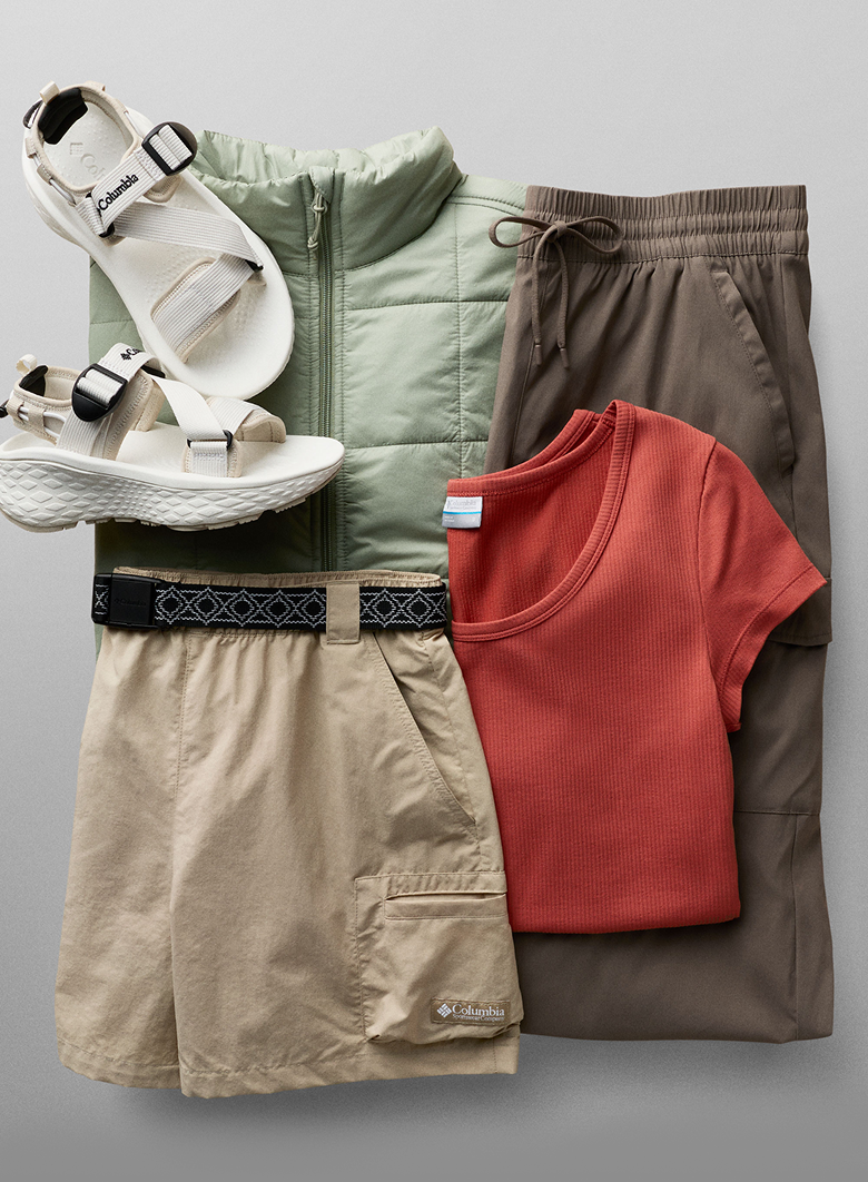 Laydown of women's everyday outdoor clothes + sandals