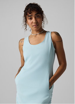 A woman in a blue dress