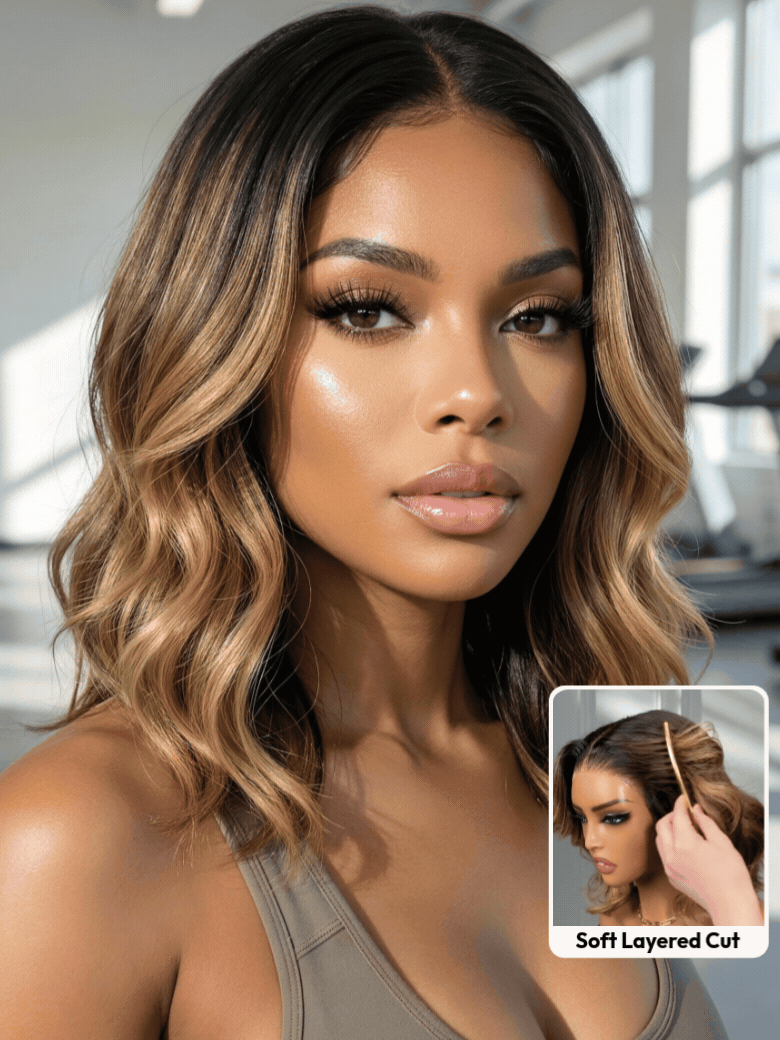 UNice 13x4 Pre-Everything™ Lace Frontal Brown With Honey Blonde Face-Framing Highlights Wavy Bob Glueless Drawstring Wig Workout Friendly Secure Fit