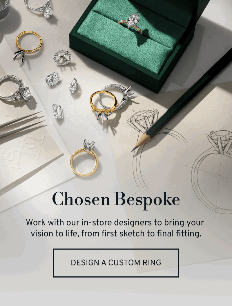 A variety of rings in different stages of the creation process sit atop ring sketches. Click to Design a Custom Ring